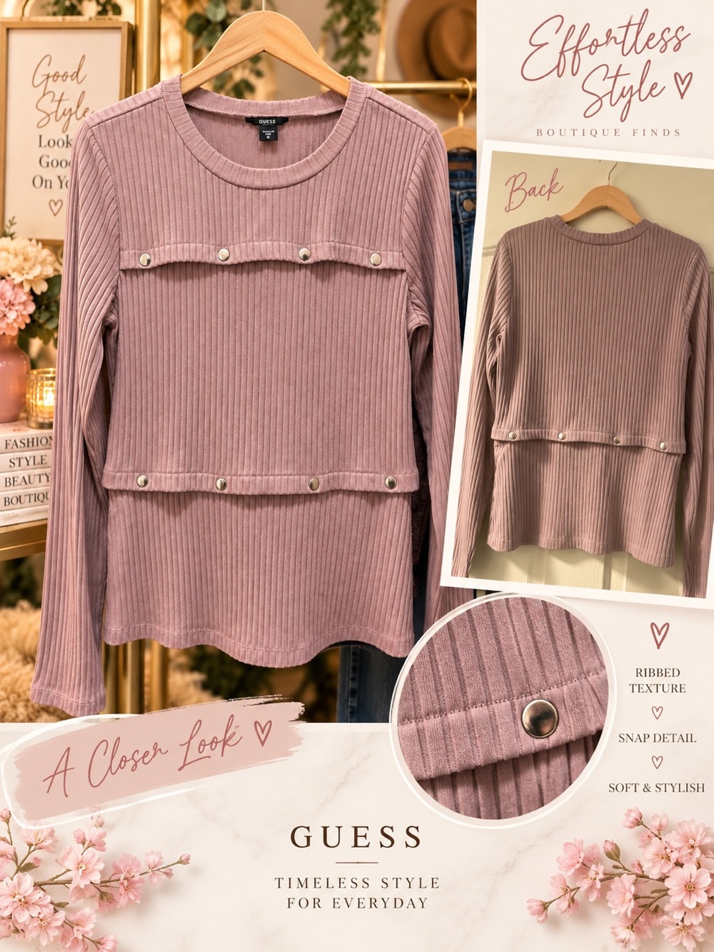 GUESS Long-Sleeve Ribbed Top in Mauve